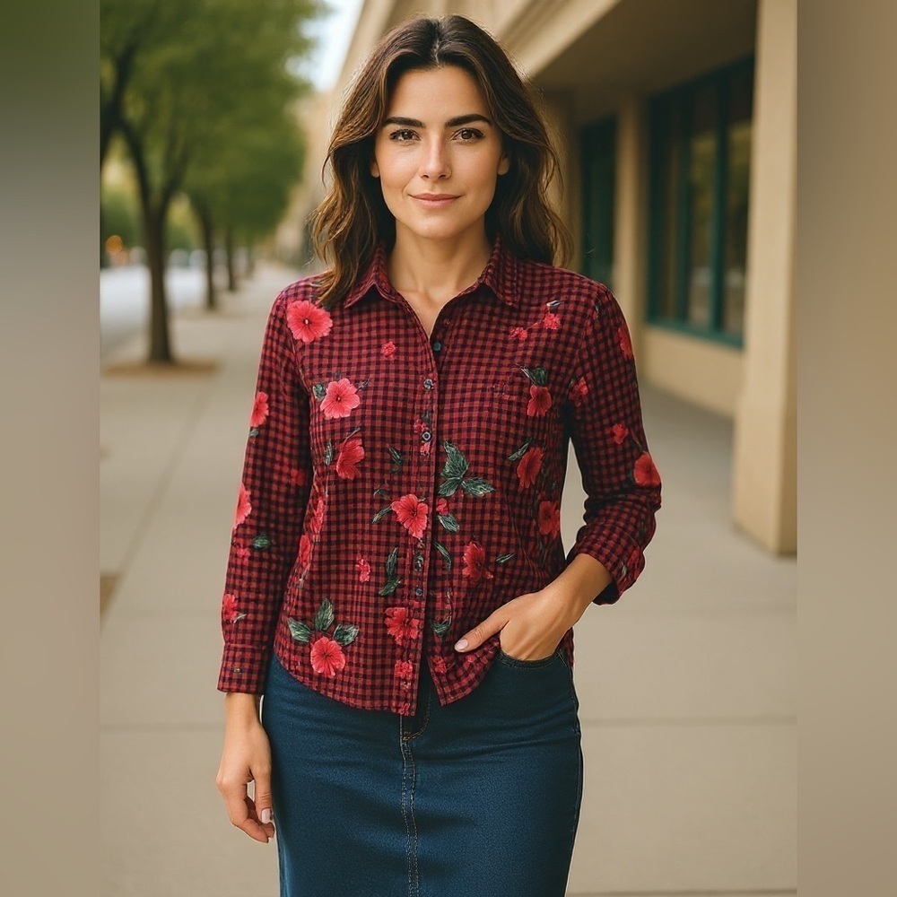🛍Bundle sale🛍Chaps Red and Black Floral Button Down Shirt 0x